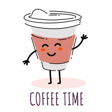 Beyaz arka plandaki kahve fincanındaki mutlu kahvenin vektör çizimi. Web, site, poster, afiş, baskı, çıkartma için satır sanatı tarzı kahve tasarımı