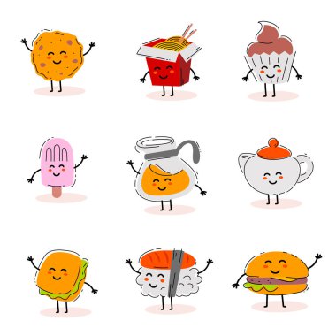 Beyaz arka planda farklı mutlu renkteki tatlı fast food karakterinin vektör seti. Web, site, pankart, etiket, baskı için fast food çizgisi tasarımı
