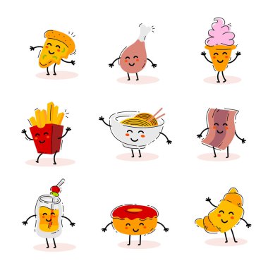 Beyaz arka planda elleri olan mutlu, lezzetli bir fast food karakterinin temsili. Web, site, pankart, etiket, baskı için fast food çizgisi renk tasarımı