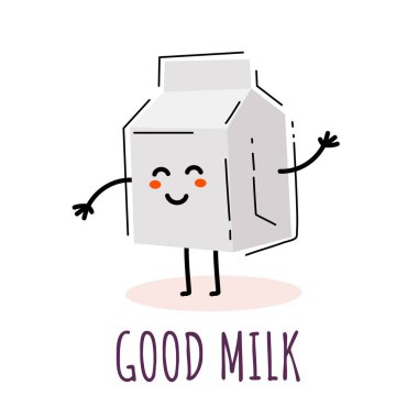 Kutudaki beyaz arka planda mutlu süt karakterinin vektör çizimi. Web, site, poster, pankart, yazdırma, çıkartma için satır sanatı tasarımı