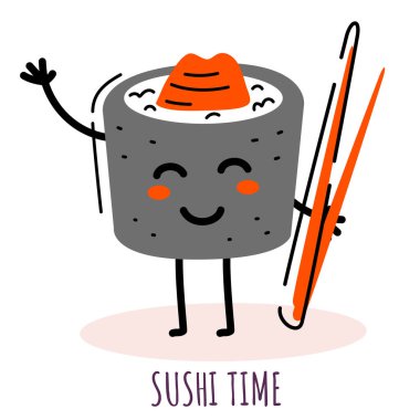 Beyaz arka planda bambu çubuğu olan mutlu sallanan maki suşi karakterinin vektör çizimi. Web, site, poster, afiş, baskı, çıkartma, menü için düz çizgi sanat tarzı suşi tasarımı