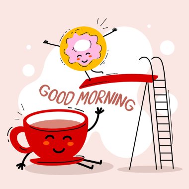 Mutlu fast food karakteri çöreğinin ve arka planda bir fincan çayın güzel bir temsili. Web, site, poster, pankart, kart, çıkartma için düz çizgi sanat tarzı fast food komik tasarımı