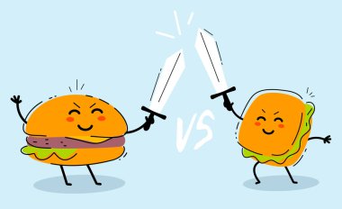 Mavi arka planda kılıçla dövüşen mutlu burger ve sandviç karakterinin vektör çizimi. İnternet, site, poster, afiş, baskı için fast food karşılaştırmasının düz çizgi sanat tasarımı