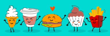 Kalbi olan bir fast food arkadaşının vektör çizimi. Mutlu patates kızartmaları, çörekler, kahve, hamburger ve dondurma karakterleri yeşil arka planda. Web, site, pankart, baskı için düz çizgi sanat tasarımı