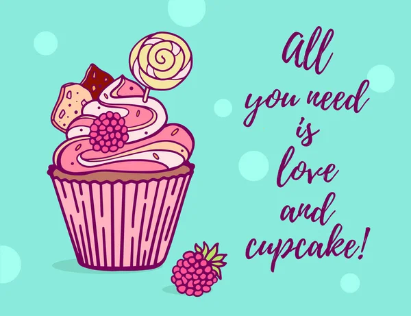 Ilustración Vectorial Cupcake Dulce Con Color Rosa Frambuesa Piruleta Pieza — Vector de stock
