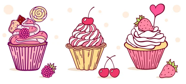 Vector Set Sweet Color Cupcake Illustration Whipped Cream Berry Lollipop — Stock Vector