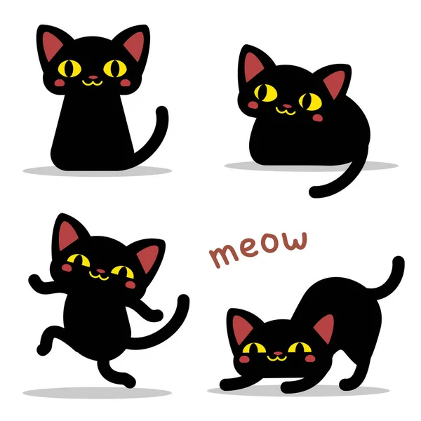 Conjunto Vectorial Ilustración Gato Negro Feliz Diferentes Posturas Sobre Fondo — Archivo Imágenes Vectoriales