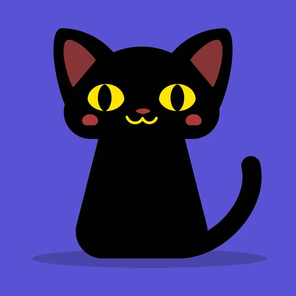 Vector Illustration Black Happy Cat Sitting Blue Background Flat Style — Stock Vector