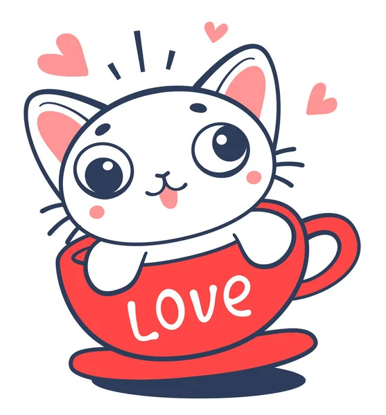 흰색작고 귀여운 고양이가 심장이 그림에서 수있습니다 사이트 발렌타인데이 플래카드 인사말 — 스톡 벡터