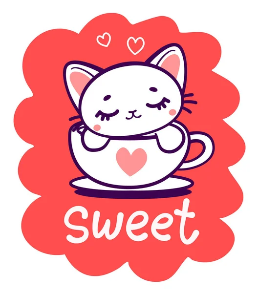 Ilustración Vectorial Gatito Dulce Blanco Durmiendo Una Taza Roja Con — Vector de stock