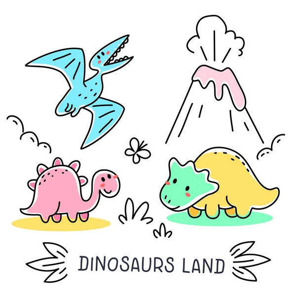 Conjunto Vectorial Ilustración Lindo Color Diferente Carácter Dinosaurio Volcán Sobre — Vector de stock