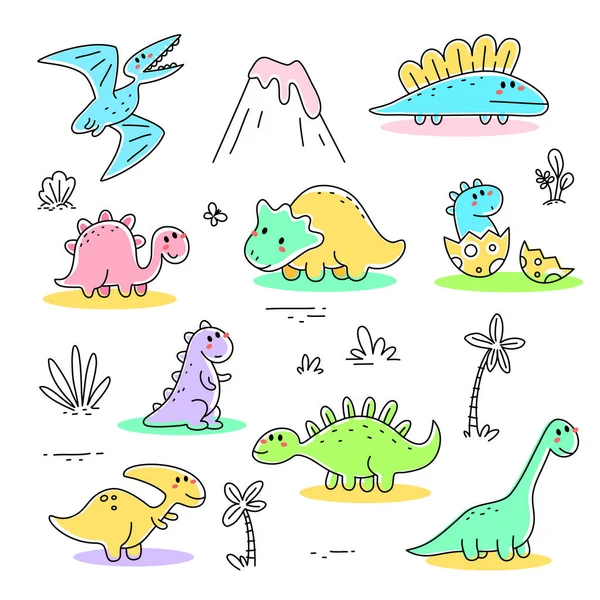 Ensemble Vectoriel Illustration Monde Antique Couleur Mignonne Personnage Dinosaure Différent — Image vectorielle