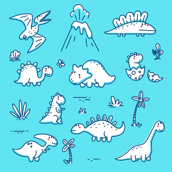 벡터의 세계의 그림은 귀엽고 공룡의 특징과 배경의 화산을 것이다 Flat — 스톡 벡터