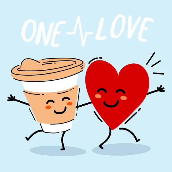 Vektor Romantische Illustration Von Fröhlichen Kaffeetasse Und Herz Charakter Zusammen — Stockvektor