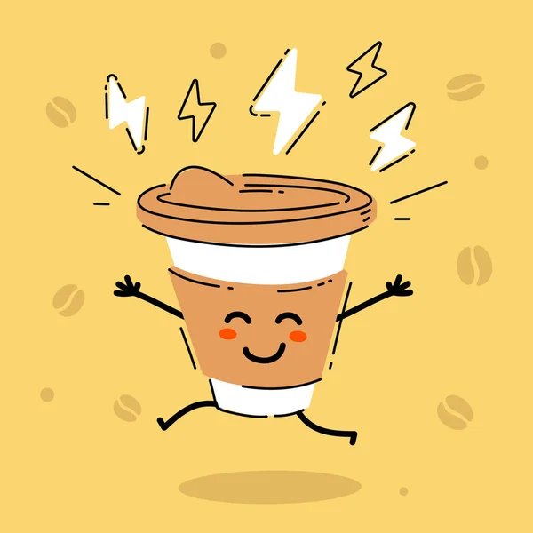 在黄色背景下 带着闪电带走杯子的快乐咖啡品质的矢量能量图解 印刷品 贴纸等系列艺术风格咖啡设计 — 图库矢量图片