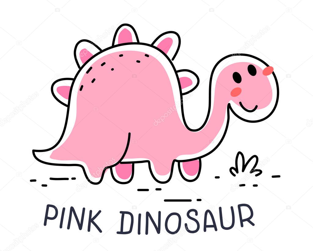 Vector illustration of cute happy pink color dinosaur character on white background. Flat doddle line art style design of dinosaur for web, site, poster, banner, print, sticker