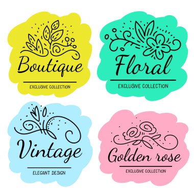 Renk arkaplanında yazı olan güzel çiçek dekorasyonunun vektör seti. Web, site, poster, pankart, tebrik kartı, etiket, logo, davetiye için çiçekli düz çizgi sanat şablonu tasarımı