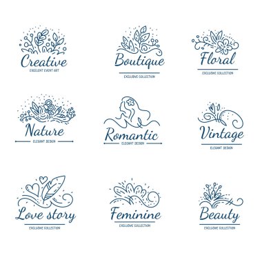 Beyaz arkaplanda yazılı çiçek etiketinin güzel şablon tasarımının vektör koleksiyonu. Web, site, davetiye, pankart, tebrik kartı, logo, etiket için çiçek kompozisyonu içeren düz çizgi resim çizimi