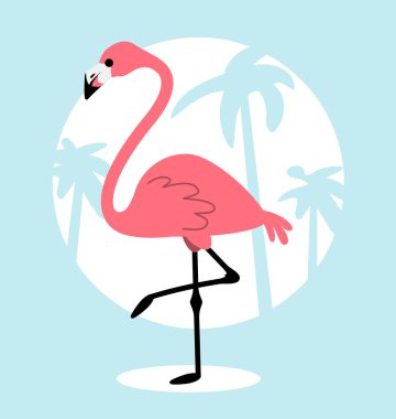 Avuç içiyle mavi arka planda duran güzel pembe flamingonun vektör çizimi. Web, site, bayrak, kart, etiket, baskı için flamingo düz stil tasarımı