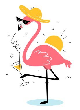 Güneş şapkalı, güneş gözlüklü, kokteyl içen ve beyaz arka planda güneşli tek bacaklı güzel pembe flamingonun vektör çizimi. Web, site, bayrak, kart, etiket, baskı için flamingo düz stil tasarımı