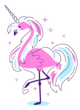 Boynuzlu ve yeleli güzel pembe flamingo tek boynuzlu atın beyaz arka planda tek ayak üzerinde duran yıldız. Web, site, pankart, kart, etiket, baskı için flamingo düz çizgi sanat tasarımı