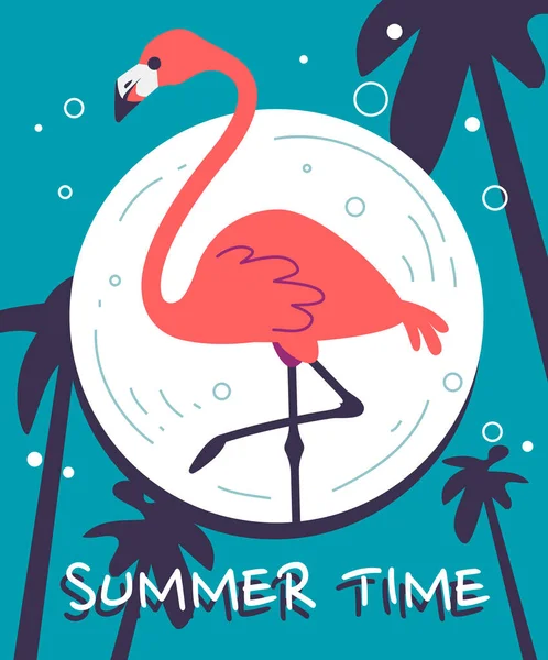 Bir bacağının üzerinde duran güzel pembe flamingo kuşunun vektör çizimi. Renkli arka planda, avuç içi ile. Web, site, pankart, baskı için flamingo düz stil tasarımı