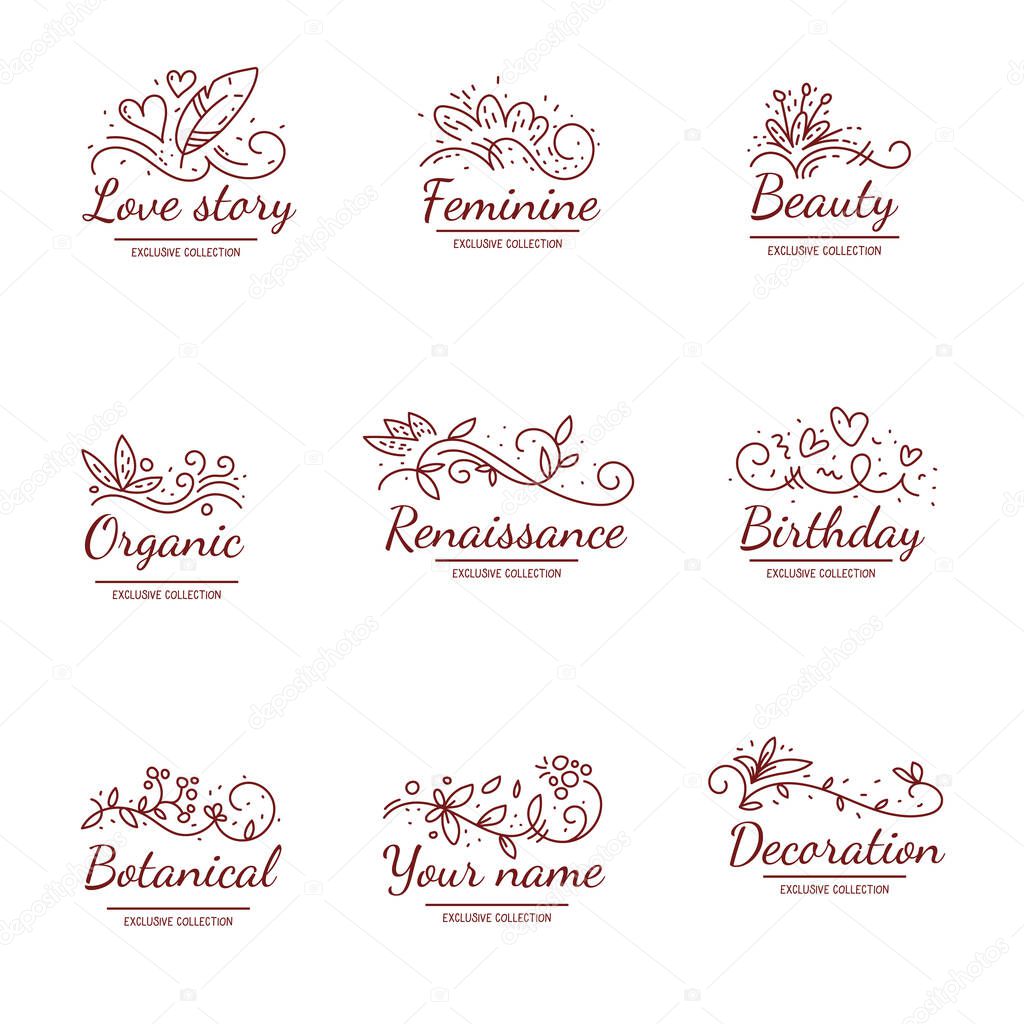 Vector set of template design of beautiful curly flower decoration with inscription on light background. Flat line art style illustration with floral composition for web, site, invitation, banner, greeting card, logo, label