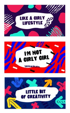 Renkli fırça şekilli geometrik şablon dizisi. Web sitesi ve tebrik kartı veya davetiye yazdırma başlığı ile düz stil arkaplan tasarımı