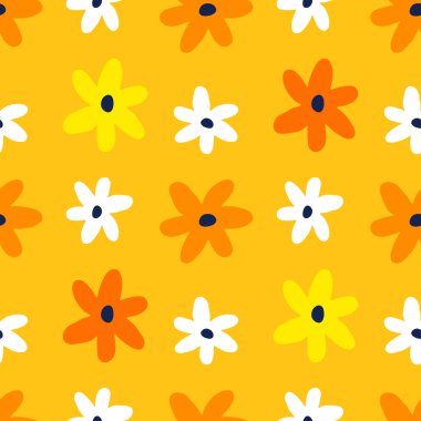 Sarı arka planda güzel, sade çiçekli, kusursuz bir şekil. Web sitesi ve kumaş veya tekstil baskısı için düz papatya desenli çiçek deseni tasarımı