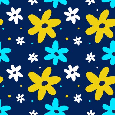 Koyu arkaplanda güzel papatya çiçeğiyle mükemmel yay deseni. Web sitesi ve kumaş veya tekstil baskısı için düz renk çiçek deseni tasarımı