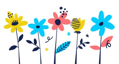 Beyaz arka planda güzel renk çiçekli vektör ilkbahar çizimi. Web, site, tebrik kartı, afiş, poster için papatya ve lale çiçekli düz stil tasarımı