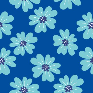 Koyu arkaplanda papatya mavisi çiçekli güzel, pürüzsüz bir desen. Web sitesi, kumaş veya tekstil baskısı için düz çiçek deseni tasarımı
