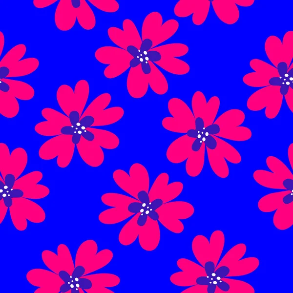 Vector Simple Beautiful Seamless Pattern Red Daisy Flower Blue Background — Stock Vector