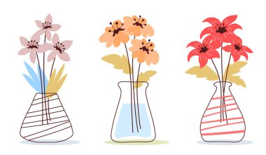 Beyaz arkaplanlı bir vazoda güzel papatya ve zambak çiçeğinin romantik çizimlerinin vektör seti. Web sitesi, site, güzel poster, tebrik kartı için düz çizgi sanat tarzı çiçek tasarımı