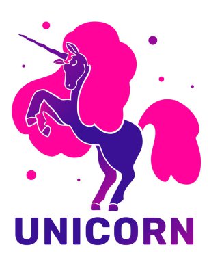 Pembe yeleli ve boynuzlu sihirli tek boynuzlu atın vektör çizimi beyaz arka planda metinle yükseldi. Tekboynuz parti posteri, davetiye, tebrik kartı yapmak için düz stil tasarımı