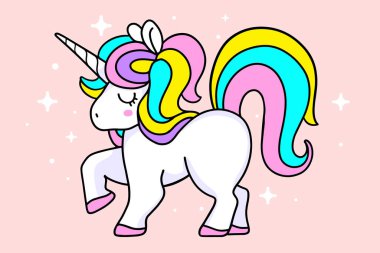 Gökkuşağı yeleli, boynuzlu ve pembe arkaplanlı pembe gözlü sihirli beyaz tek boynuzlu atın temsilcisi. Tek boynuzlu at parti posteri, davetiye, tebrik kartı yapmak için satır tasarımı