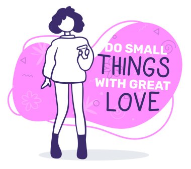 Moda kızı elinde bir fincan kahveyi pembe çerçeveli motivasyon metniyle beyaz arka planda tutuyor. Web, site, kart, pankart için el çizimi resim tarzı