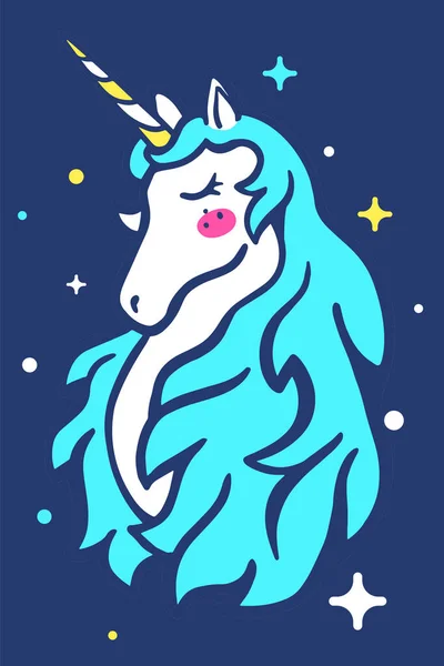 Ilustración Vectorial Cabeza Unicornio Mágico Con Melena Azul Ojos Cerrados — Vector de stock