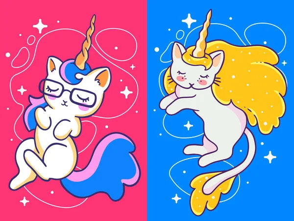 Conjunto Vectorial Ilustración Magia Hermosa Gato Unicornio Con Cuerno Oro — Vector de stock