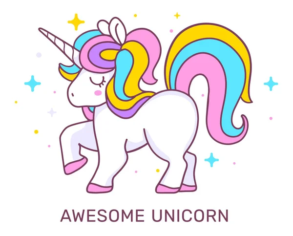 Ilustración Vectorial Unicornio Mágico Pequeño Pony Con Melena Arco Iris — Vector de stock