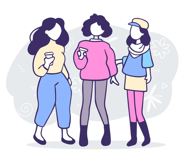 Vektor Illusztráció Három Divat Lány Barátja Egy Csésze Kávé Beszél — Stock Vector