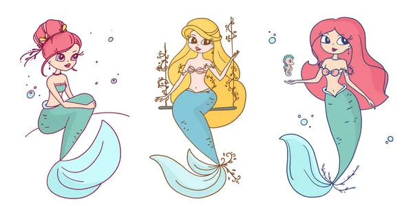 Ilustración Vectorial Sirena Hermana Con Pelo Color Cola Pez Sobre — Archivo Imágenes Vectoriales