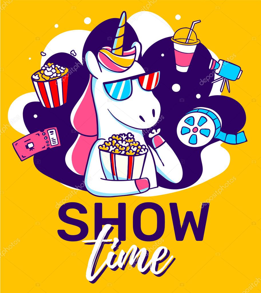 Vector illustration of magic unicorn in cinema glasses with icon. Horse with horn eating popcorn and watching tv on yellow background with text. Line art design for unicorn poster, banner, web, site