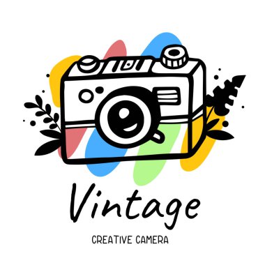 Beyaz arka planda çiçekli, şekilli ve yazılı fotoğraf makinesinin vektör illüstrasyonu. Web, site, poster, afiş, baskı, çıkartma için fotoğraf makinesinin düz çizgi sanat tasarımı