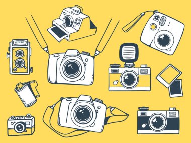 Sarı zemin üzerinde farklı tipte retro ve modern fotoğraf makinesi örneklerinin vektör seti. Web, site, poster, afiş, baskı, çıkartma için fotoğraf makinesinin düz çizgi sanat tasarımı