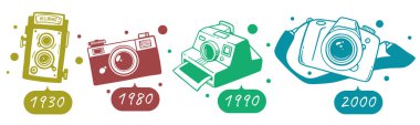 Beyaz zemin üzerinde farklı yılların renkli fotoğraf makinelerinin vektör illüstrasyonu. Web, site, afiş, baskı için fotoğraf makinesi geliştirme tarihinin düz çizgi sanat tarzı tasarımı