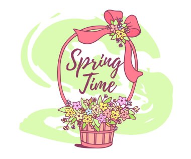 Çiçekli sepetli vektör ilkbahar illüstrasyonu ve beyaz arka planda yazılı kurdele. Web, site, tebrik kartı, poster, baskı için satır tasarımı