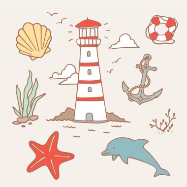 Çizgili deniz feneri, çapa, yunus, açık arkaplanda deniz yıldızı desenli güzel bir deniz manzarası. Web, site, poster ve afiş için satır sanatı tasarımı