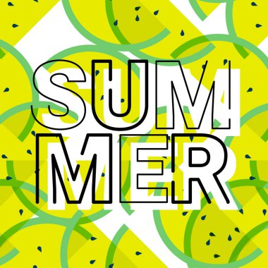 Beyaz arka planda tohumları olan sarı karpuz dilimli vektör yaz çizimi. Web, site, pankart, poster başlığı ile düz biçim tasarımı