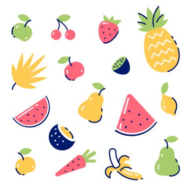 Beyaz zemin üzerinde farklı meyveler bulunan vektör yaz renkleri çizimi. Web, site, pankart, poster için düz biçim tasarımı